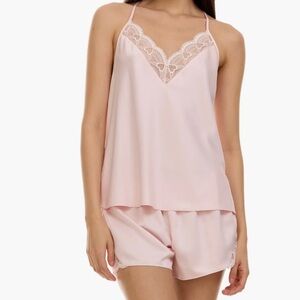 FLORA LACE TRIM SATIN CAMISOLE & SHORTS 2-PIECE PAJAMA SET IN BLUSH SIZE M